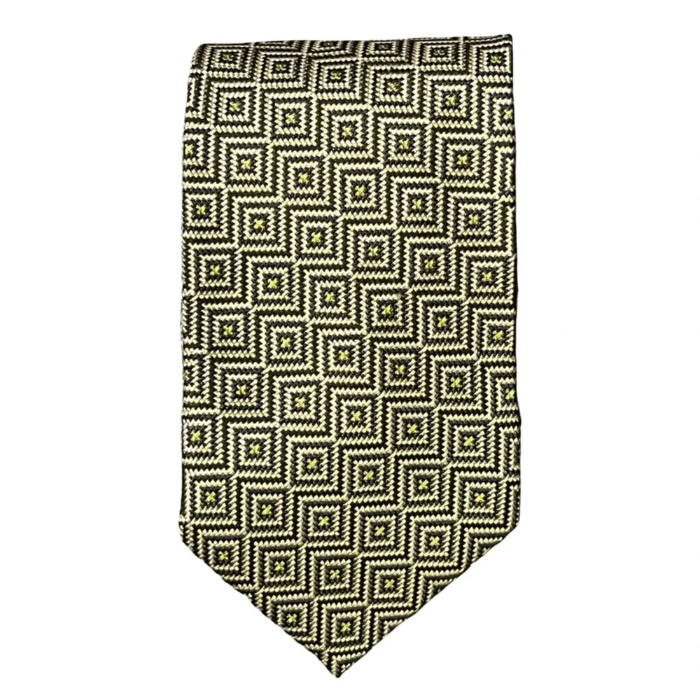HUGO BOSS Geometric Patterned‎ Silk Tie Mens Necktie Black Gold Accent